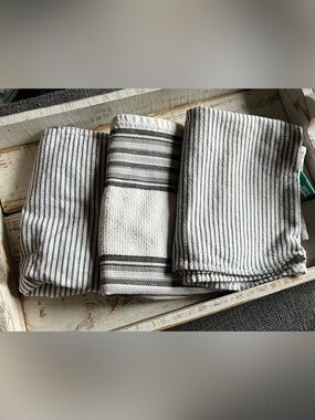 Set of Black, Gray, and White Striped Kitchen Towels